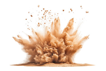 Obraz premium Explosion of sand and dust isolated on transparent background. Pile desert sand explosion isolated on white background.
