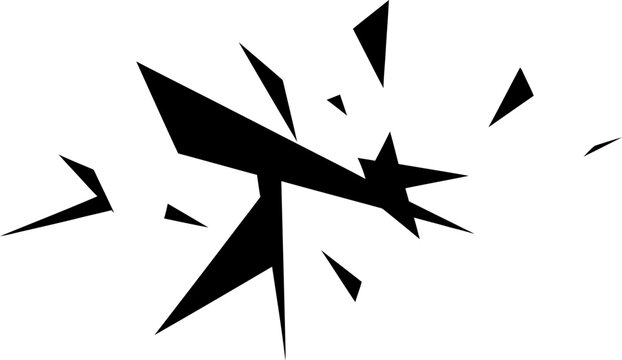 Abstract black and white explosion of sharp geometric shards and fragments, suggesting impact, disintegration, or explosive energy, on a clean white background