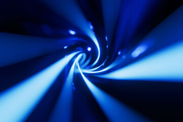 Fototapeta premium High-speed digital data transmission concept. Blue glowing fiber optic lines swirling in a dark space. Futuristic background for network connectivity, cyber security, and quantum computing
