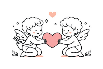 Cupid Embrace. Cupid line drawings. Two small cupids facing each other and holding a heart together, symbolizing shared love and harmony. The mood is warm,