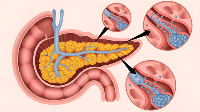 Pancreas anatomy with endocrine islets highlighted, insulin and hormone secretion concept, detailed cutaway illustration
