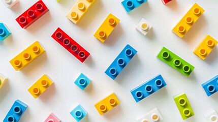 Fototapeta premium Colorful Lego blocks forming an isometric grid pattern on white background, playful and vibrant layout