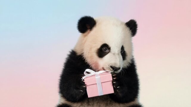 Cute panda cub holding pink gift box in paws close up pastel studio background adorable animal birthday present concept video 4k footage