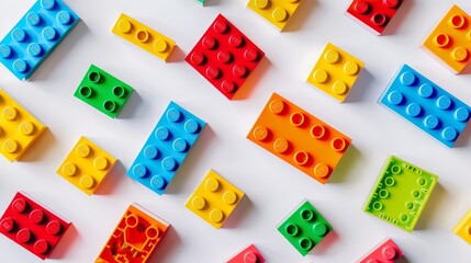 Fototapeta premium Colorful Lego blocks forming an isometric grid pattern on white background, playful and vibrant layout