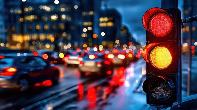 Traffic signal with red and yellow lights on a city street at night