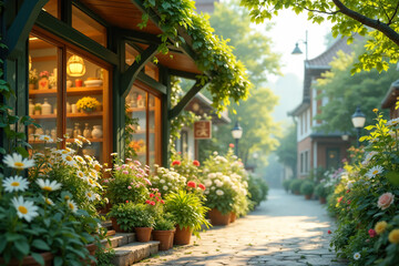 A view of a street with a pedestrian walkway and shops decorated with plants. Created using generative AI tools