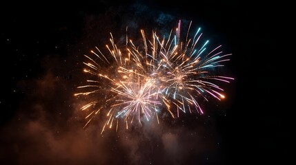 A vibrant display of colorful fireworks bursts illuminating the dark night sky creating a spectacular show with trailing sparks and smoke