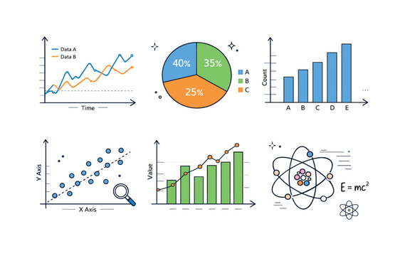    Academic charts and graphs. An isolated set of scientific charts including line graphs, pie charts, and scatter plots arranged neatly. Clean