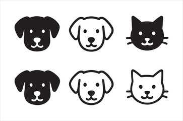 Simple cartoon illustrations of dogs and cats in black and white