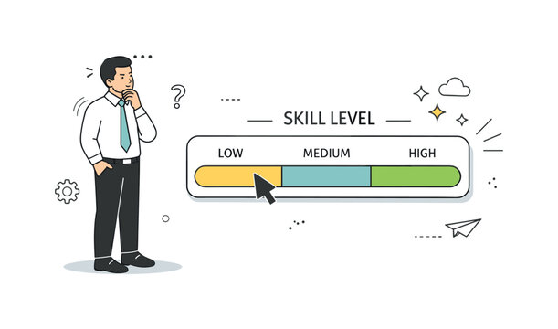 Digital skills insecurity and learning gap. A professional comparing themselves to a progress bar or skill meter that feels out of reach. The