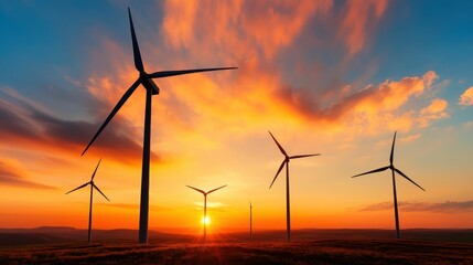 Obraz premium A powerful wind farm silhouetted against a breathtaking sunset sky, showcasing renewable energy sources harnessing wind while fueling hope for a sustainable future.