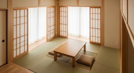 Interior view of a traditional Japanese-style room with sliding doors and minimalist decor