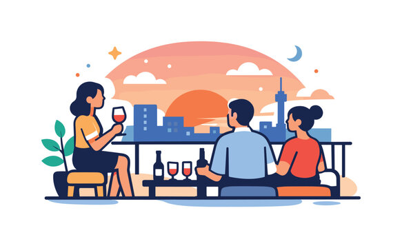 Rooftop sunset hangouts shown as an intimate after work pause where people unwind above the city, enjoying fresh air and warm colors that