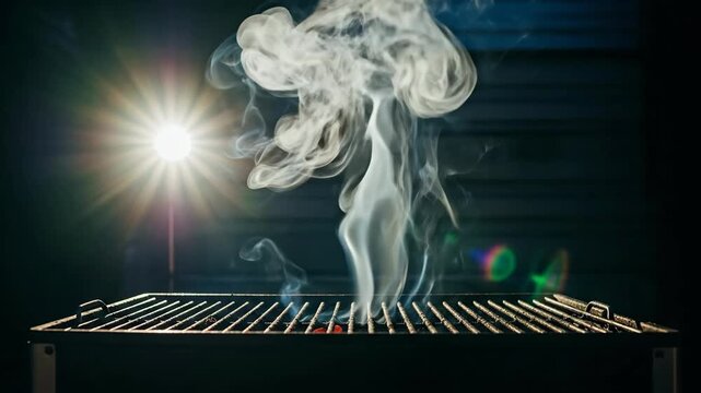 Vantage shot of smoke rising from a grill in a dark environment