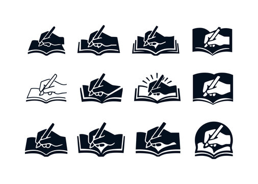 Journaling and reflective writing practices. Icon set. Set Logo of journaling and reflective writing practices: hand writing in journal.