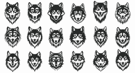 Collection of 20 unique wolf head illustrations in various expressions and styles on white background