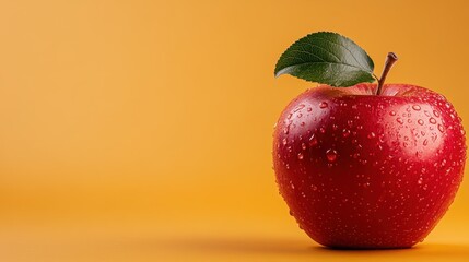 A vibrant red apple glistens with water droplets against a warm orange background, symbolizing freshness, health, and the allure of nature's bounty.