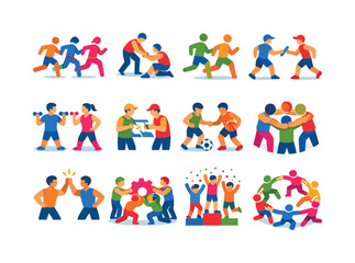 Fototapeta premium Athletic collaboration. Colorful flat vector icons set of athletic collaboration: team runners, mutual support, shared pace, relay formation,