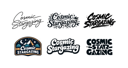 Obraz premium Cosmic stargazing. Set lettering. harmonious lettering variations of the same emblematic concept, each with different artistic interpretation