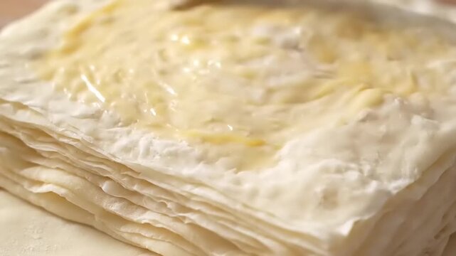 Close-up of Melted Butter Being Brushed on Layers of Thin Filo Dough for Traditional Pastry Preparation