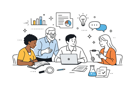 Academic teamwork in research. Diverse scholars collaborating on a shared project with charts and notes floating nearby. Focused, respectful