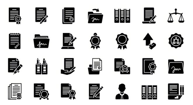 Set of icons representing legal documents, contracts, and official seals for law, business, and administrative services