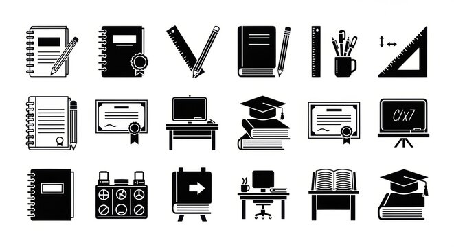 A comprehensive collection of monochrome vector icons illustrating fundamental educational concepts, tools, and processes, symbolizing the journey of learning and academic achievement