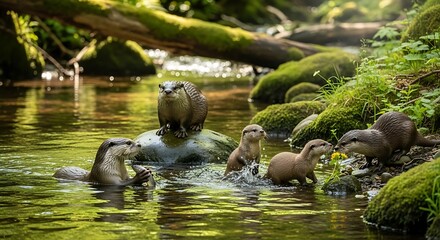 Family of otters in a river surrounded by lush green foliage