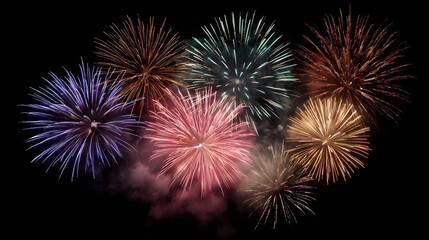 Fototapeta premium Vibrant and colorful fireworks explode in a dark night sky creating a spectacular festive celeb n