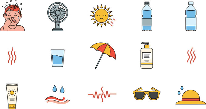 Summer heatwave icons set with fan, sunscreen, water bottle, hat and sun
