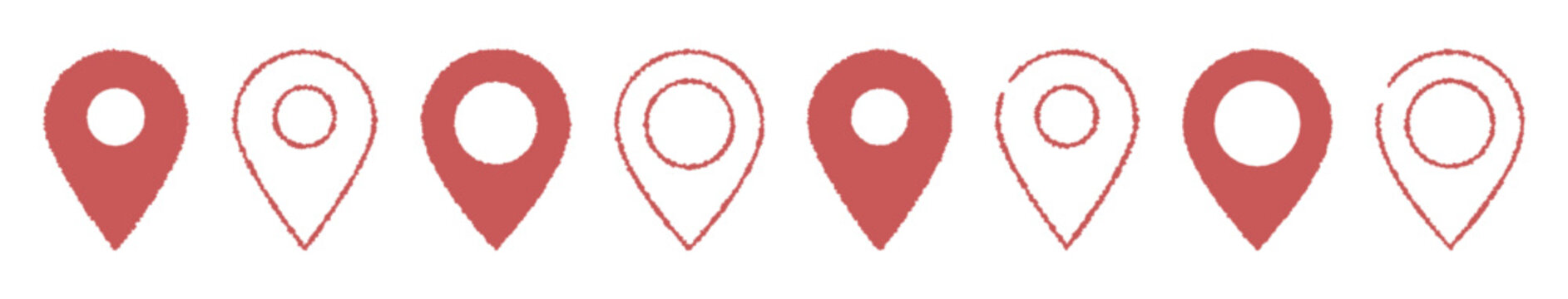 かわいい手書きのマップのピンのアイコン　赤　 pin point. pin location icons.