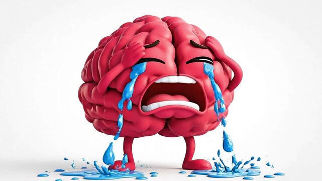 Crying cartoon brain character emotional breakdown sad. Funny and expressive 3D cartoon illustration of an anthropomorphic human brain in deep distress. The pinkish-red brain has large teary eyes