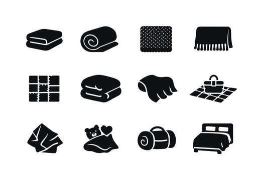    Blanket. Solid icon set of blanket: folded blanket, rolled blanket, knitted blanket, fringe blanket, patchwork quilt, thick winter blanket,