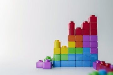 Fototapeta premium Colorful Lego block graph with upward trend on white background, 3D cartoon style minimalistic illustration