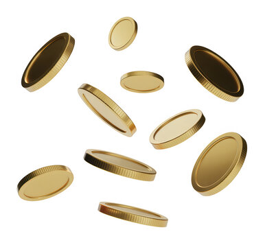 Golden coins floating in the air gold coins money coins currency isolated on a transparent background