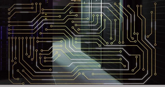 Animation of circuit board pattern against data server racks in server room