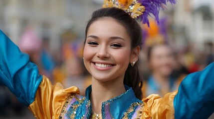 A smiling young woman in a vibrant feathered costume participates in a lively outdoor parade