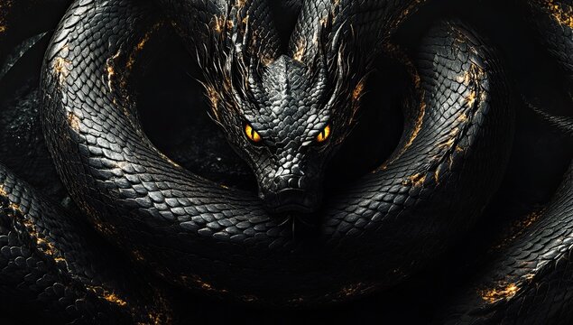 Aerial photography of the scene depicts an ancient giant snake with golden eyes and black scales sitting on its throne