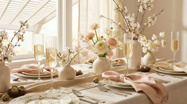 Elegant table setting for a refined celebration featuring pastel floral centerpiece, fine china, napkin, champagne flutes, and natural light creating a luxurious dining ambiance