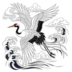 Majestic crane in flight with waves and clouds