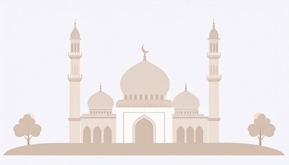 Fototapeta premium White mosque with domes and minarets illustration in beige desert landscape