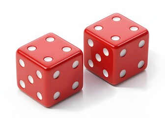 Two red dice isolated on white background represent a game of chance and luck in a casino gambling setting where players roll the cubes to bet and win