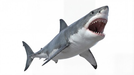 Obraz premium Great white shark with open mouth showing teeth on white background.