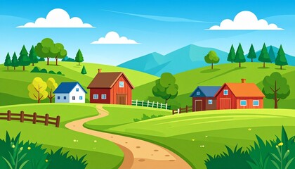 Naklejka premium Charming countryside houses in lush green valley with blue sky and clouds summer landscape