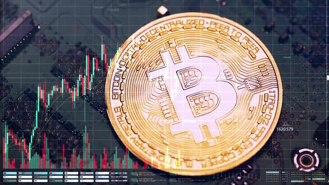 Bitcoin rotates in slow motion against the background of a stock chart suggesting the strategy, increases and decreases in the cryptocurrency priceand. Copy space for text.