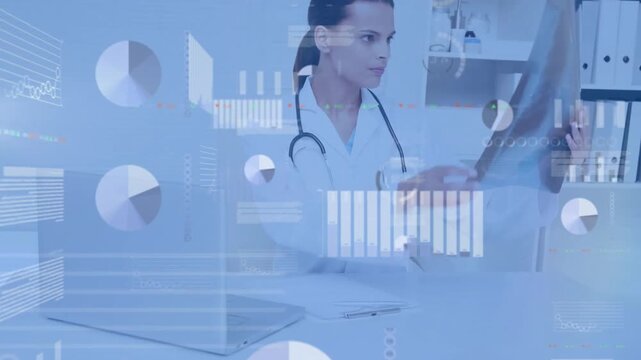 Animation of application icons, trading board, caucasian female doctor examining patient x-ray