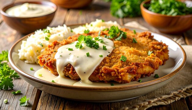 A plated dish featuring a fried cutlet covered in creamy sauce, accompanied by rice and parsley garnish, served on a rustic wooden table