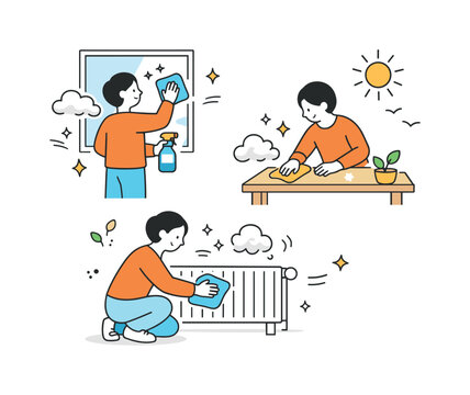 Cleaning dust from winter indoors. A character cleans a window, table, or radiator, removing settled winter dust and letting the space