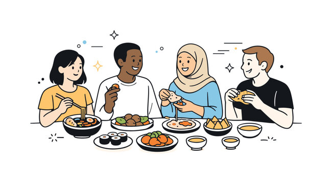 Shared cultural food. Several people sharing different ethnic dishes at one table, calm social interaction. Editorial scene about diversity,