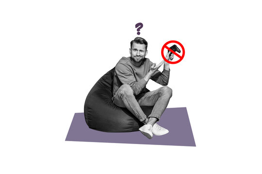 Composite photo collage of dissatisfied man hold broke console device stop sign blocked forbidden isolated on painted background